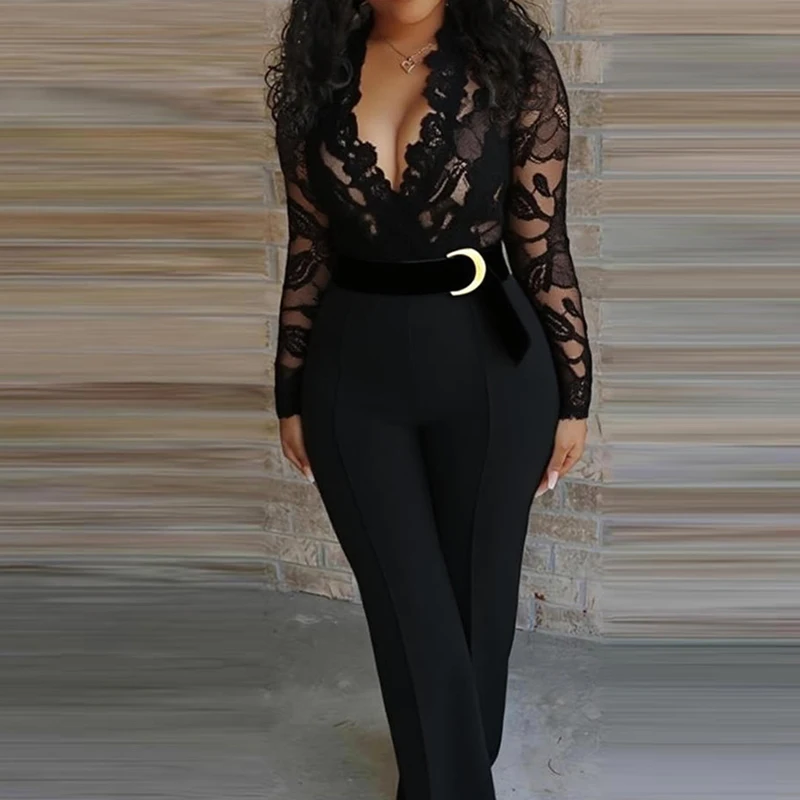 وزرة الدانتيل غير رسمية خياطة بلون حللا طويلة موضة هايت الخصر سليم السروال القصير أنيقة الخامس الرقبة طويلة الأكمام بلايسوت