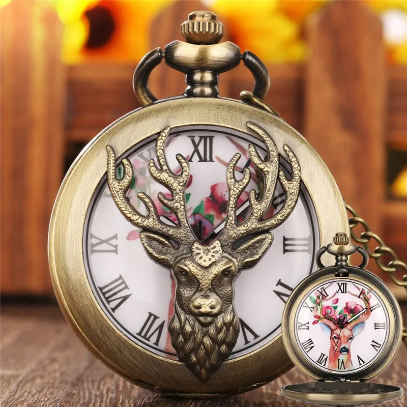 Montre de poche de style vintage avec motif de wapiti évidé, mouvement à quartz demi-chasseur, collier d'horloge, cadeau JOGift