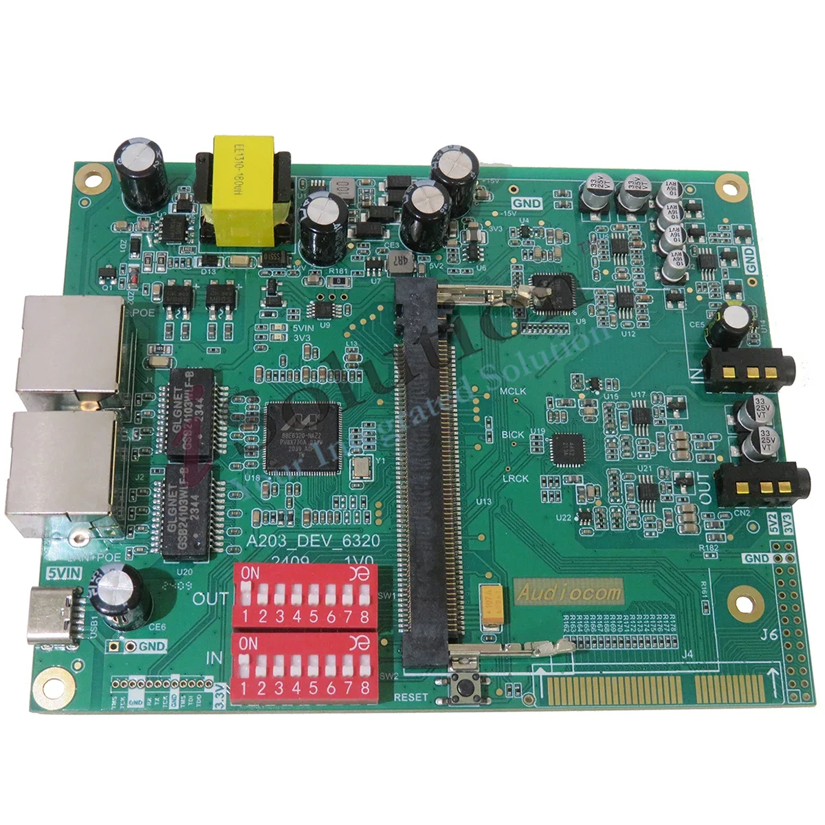 Audiocom A203 evaluation board is suitable for A264/A203/B203 and supports PoE/USB power supply