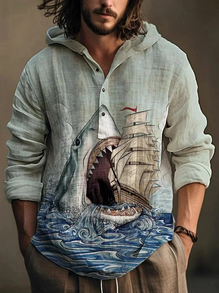Men's Shark Pirate Ship Print Hooded Shirt Fashion Summer Henley Collar Dropped Shoulder Chic Blouses 2026 New Arrivals Tunics