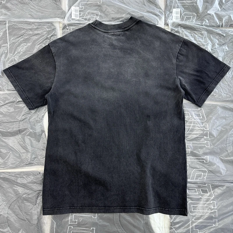 American High Street Style Heavyweight Worn-In Abstract Pattern Letter Print Loose Fit round Neck Short Sleeve T-Shirt