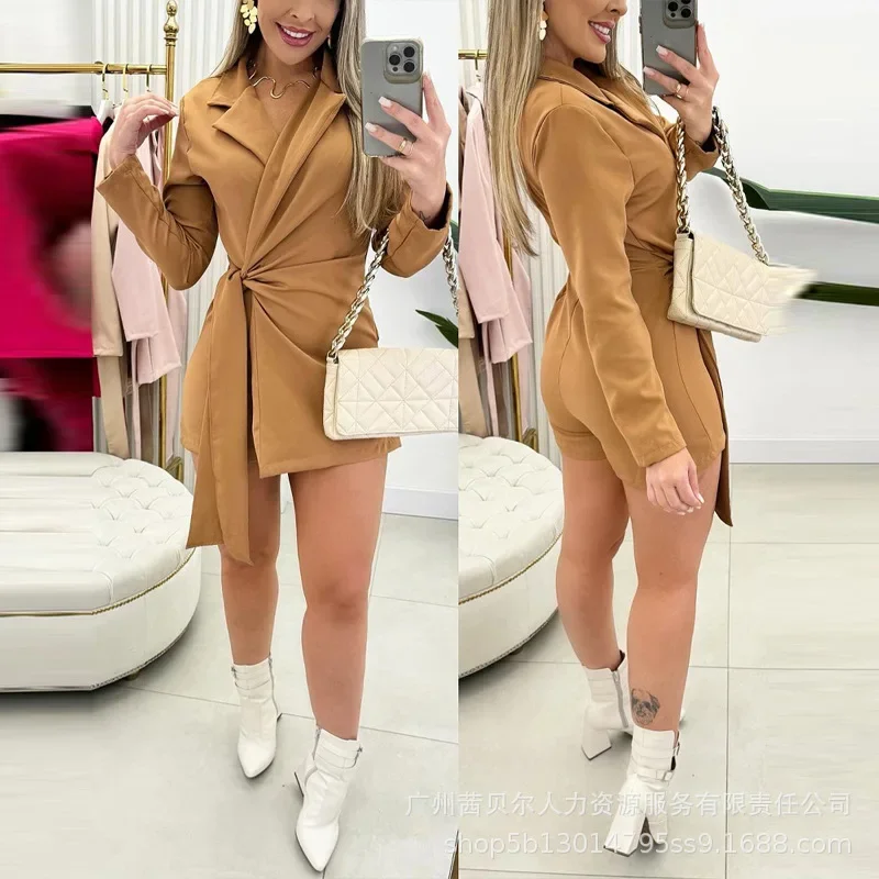 

2-in-1 Blazer Romper Women High Waist Playsuit Shorts Pants Solid Color Notched Collar Tied Detail Wrap