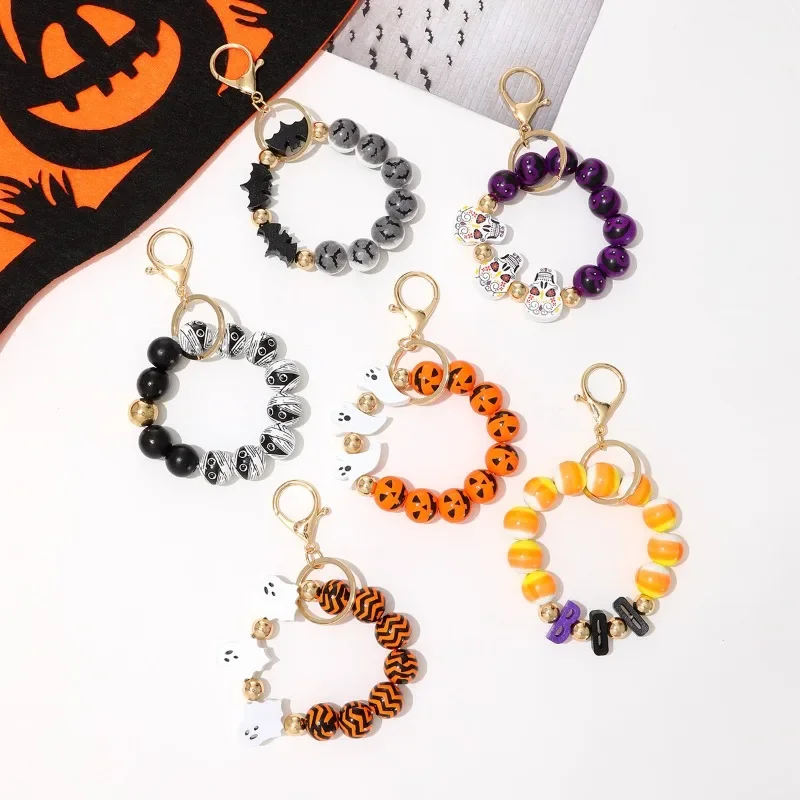 Halloween Keychain Skull Pumpkin Wooden Hand Chain Key Ring Personalized Simple Bracelet Fashion Backpack Car Key Chain Pendant