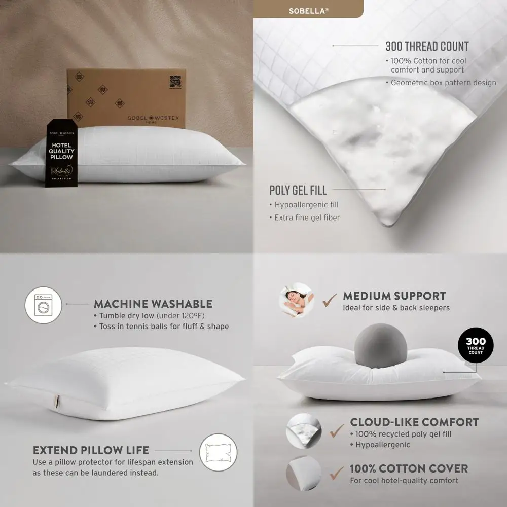 

Luxury Soft Cotton Side Sleeper Pillow for Adults - 300 Thread Count, Machine Washable, Hotel Quality Long-Lasting Support
