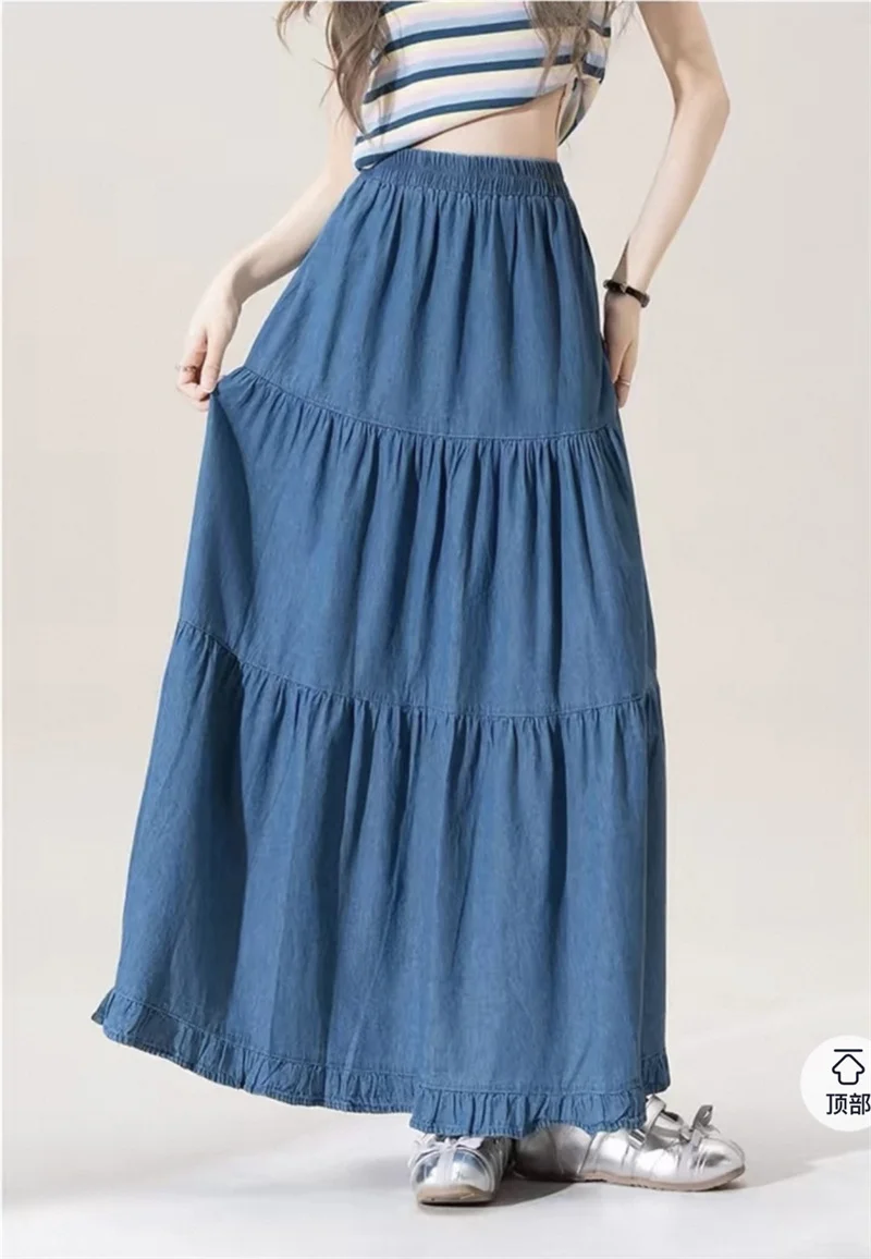 Falda Larga de Mezclilla Azul para Mujer, Cintura Alta, Estilo Línea A, Casual, Sólida, Holgada, Elegante, para Fiesta u Oficina, Primavera/Verano