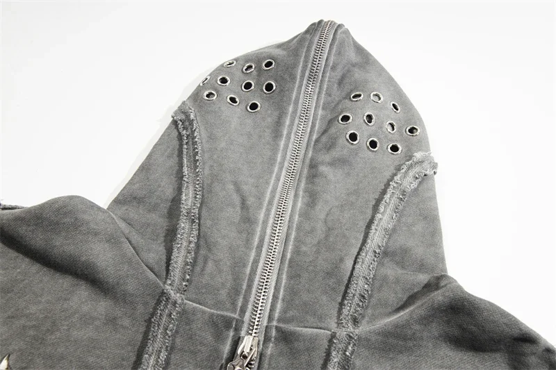 رمادي أسود أبيض البلطجة نادي هوديي غسل تفعل القديم المرقعة غطاء الوجه مزدوجة سستة قصيرة مقنعين البلوز للرجال النساء معطف #4