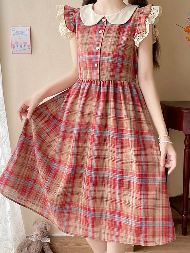 

Летнее платье Kawaii Mori Girl в форме сердца, милое платье с воротником «Питер Пэн», кружевное платье с летящими рукавами, элегантное женское платье трапециевидной формы в консервативном стиле