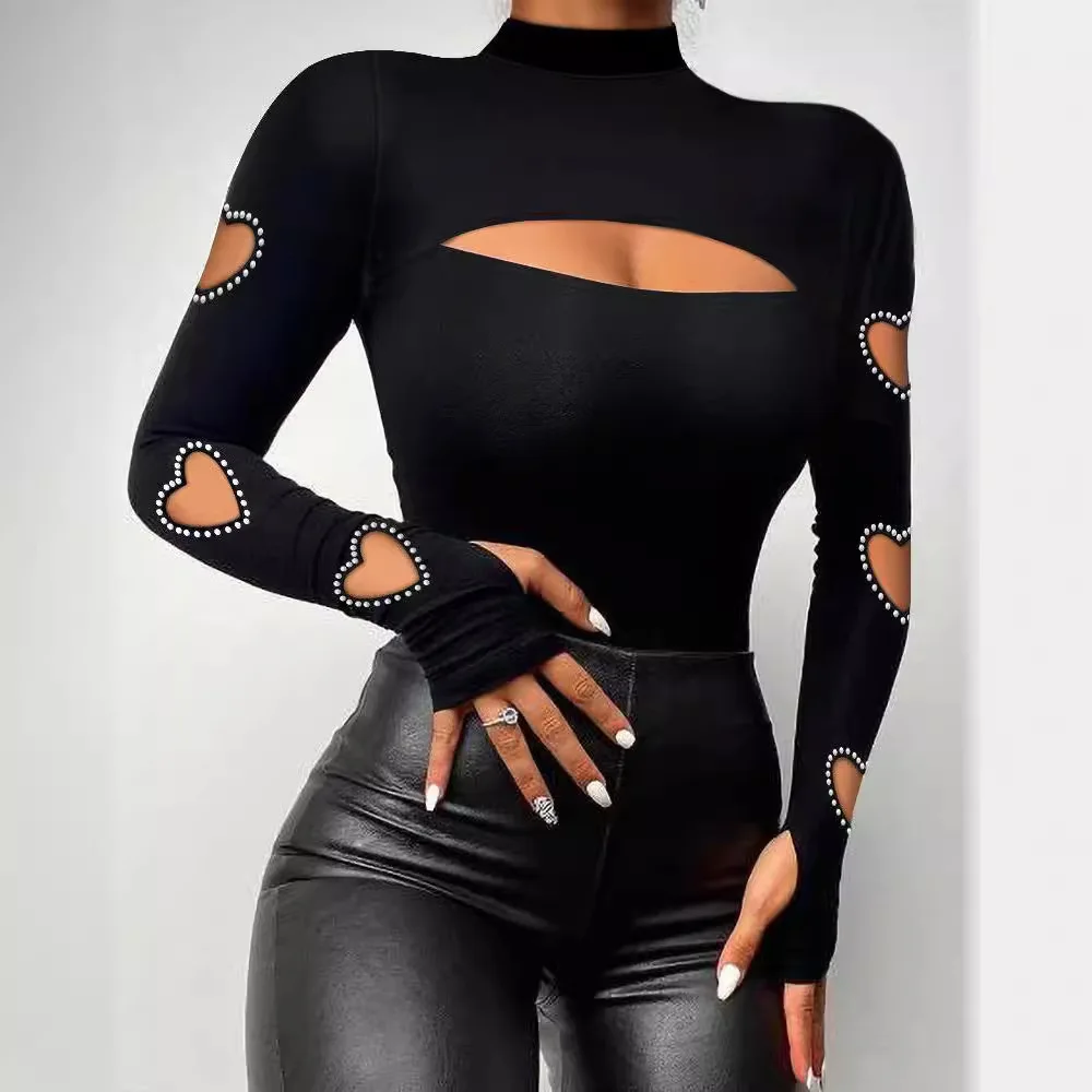 Women's Chic Rhinestones Decor Heart Shaped Cut Out High Neck Tee Elegant Crystal Design Long Sleeve T-shirt for Lady Black Top