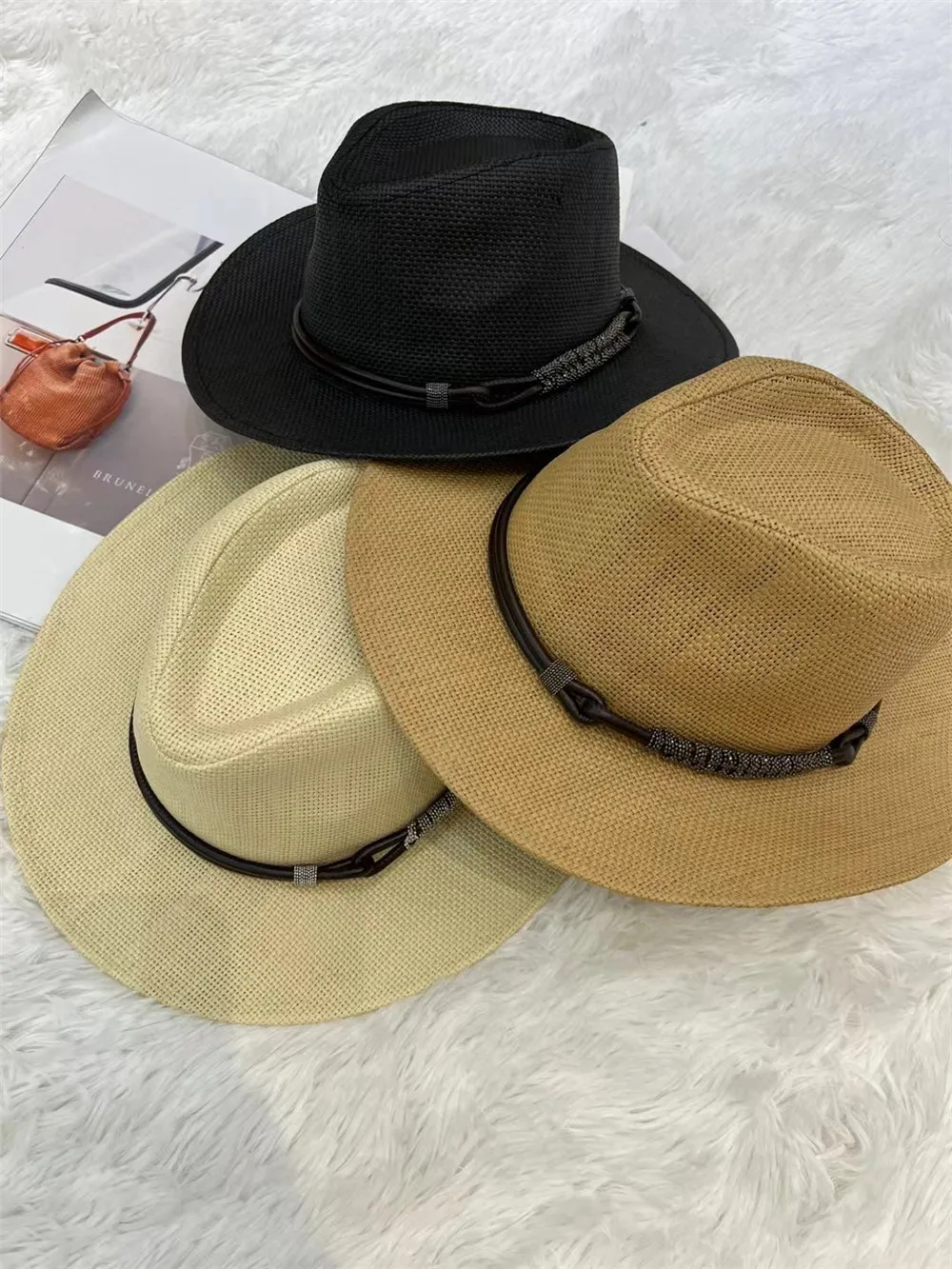 

High Quality Women's Straw Hat Bead Chain Sun Hats Adult Vacation Beach Hats 4 colours