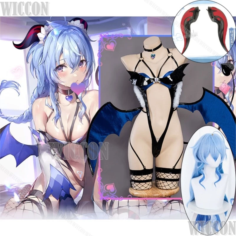 Ganyu Succubus Cosplay Kostüm Spiel Genshin Impact Sexy Schwarz Overall Flügel Horn Blau Lockige Perücke Halloween Frauen Cos Angepasst