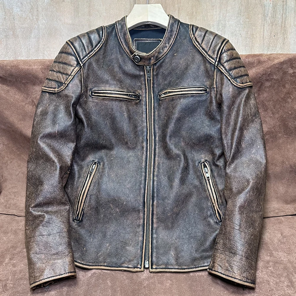 Top Layer Cowhide Jacket Pleated Vintage Distressed Genuine Leather Automotive Coat Standing Collar Riding Motorcycle Coat 7XL