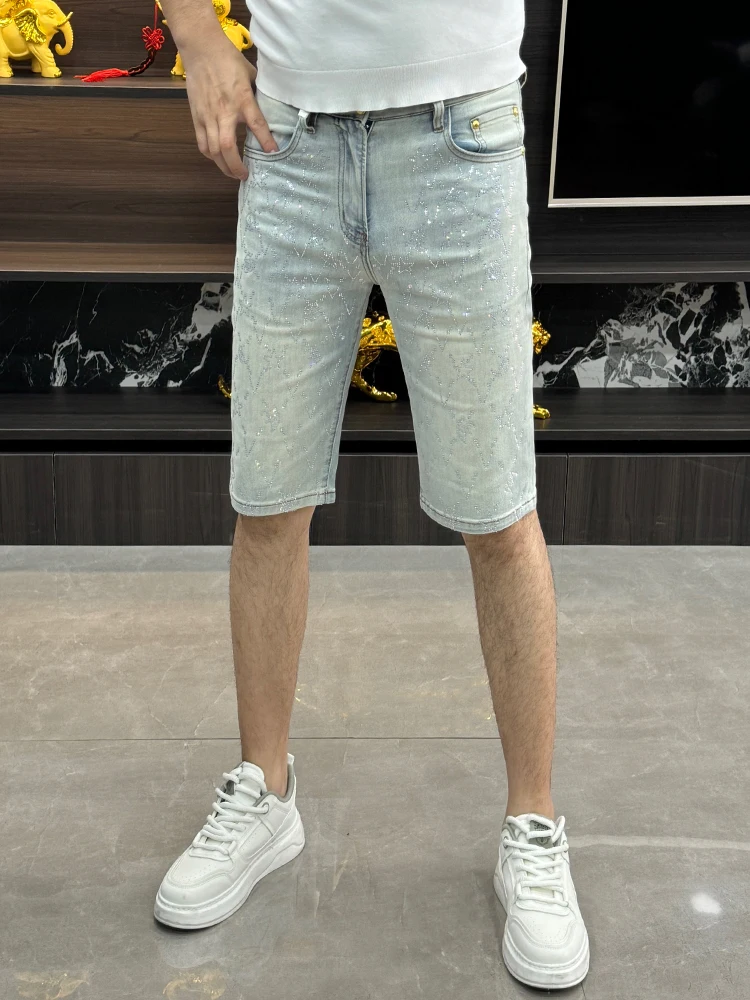 

Slim Fit Blue Denim Shorts Men's Summer Thin Fashion Luxury Ironed Diamond Five-Quarter Pants Youth Straight Leg Jeans