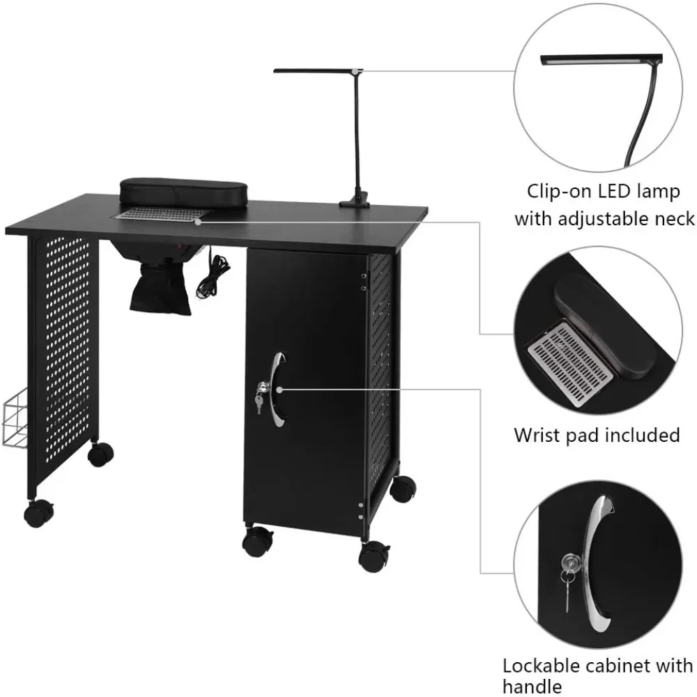 Manicure Table Nail Desk with Electric Downdraft Vent, Beauty Spa Salon Workstation Iron Frame with Lockable Cabinet