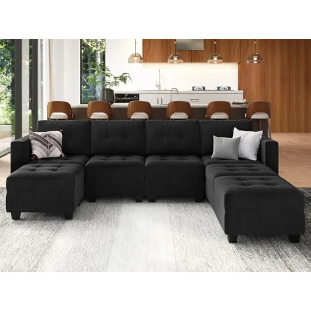 Modular Sectional Sofa, U- Shaped Couch with Storage Seats, Velvet Convertible Sofa Couch with Reversible Chaise, Black