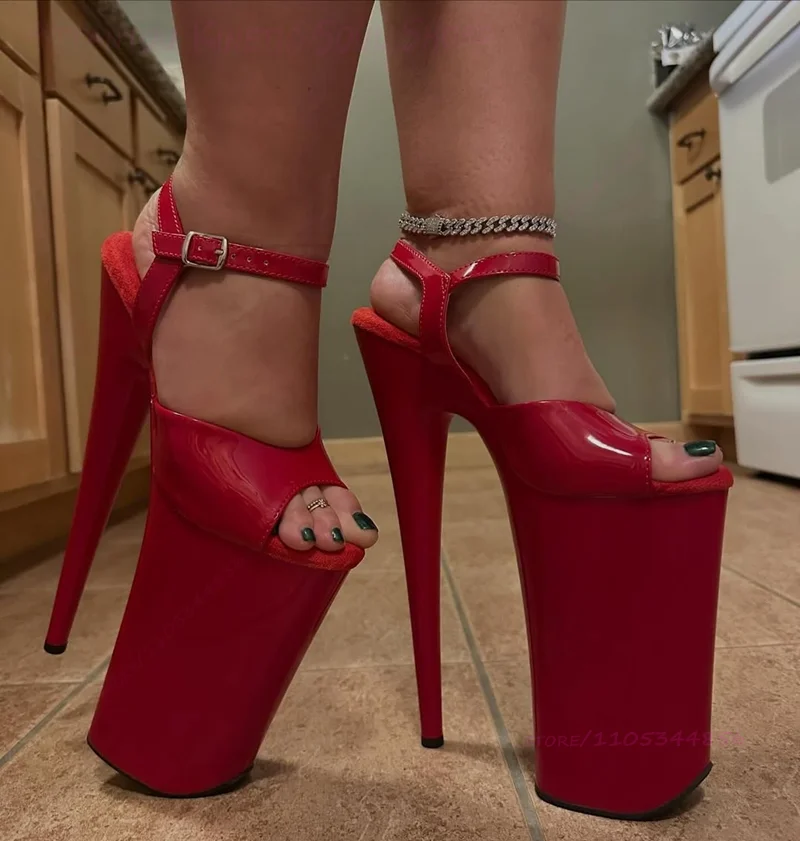 23cm Red Vibrant Patent Leather Sandals Pole Dancing Sporty Women Peep Toe 9 Inch Heels Ankle Strap Slingback Sexy Stage Shoes