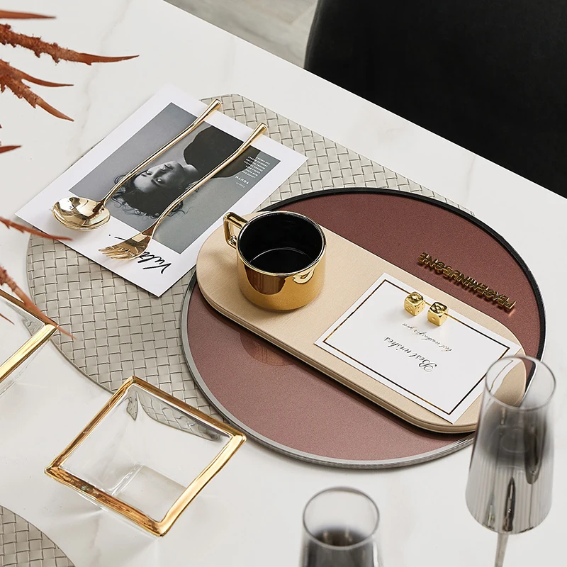 Luxury Tableware Decor Set Exhibition Hall Table Setting Silver Edge Orange Glass Tray Weaving Apricot Oval Leather Placemat