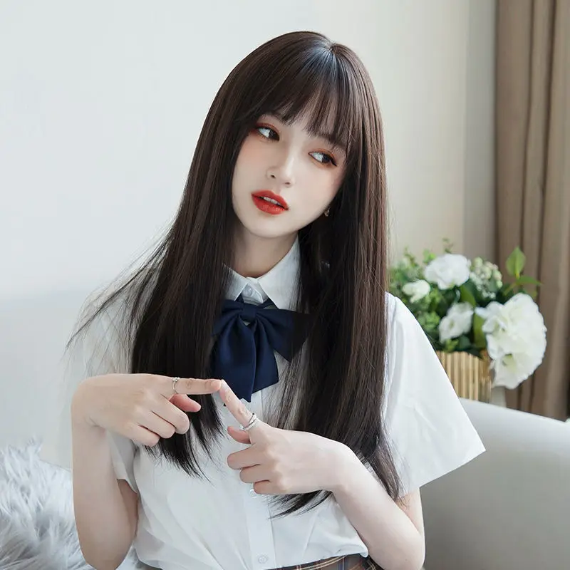Korea Hair Extensions Synthetic Cute JK Girl Cosplay Air Bangs Wig Breathable Head Cover 50cm Long Straight Wig Hat for Women