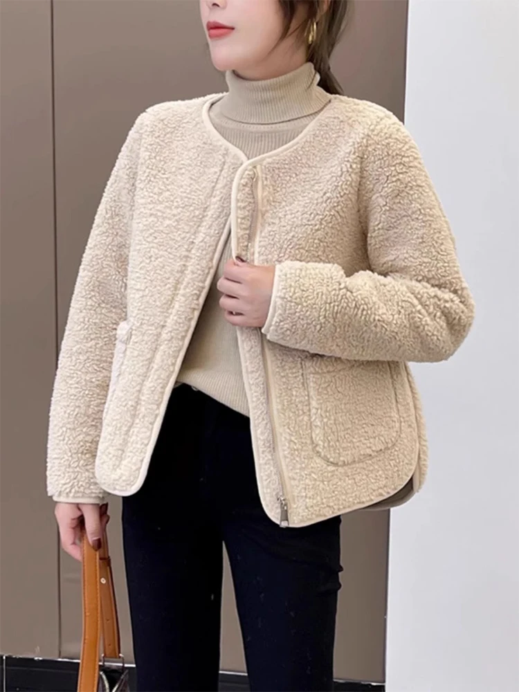 

Женская куртка из овечьего меха, осенне-зимняя свободная повседневная кожаная куртка с мехом, верхняя часть тела для поездок на работу, круглая молния