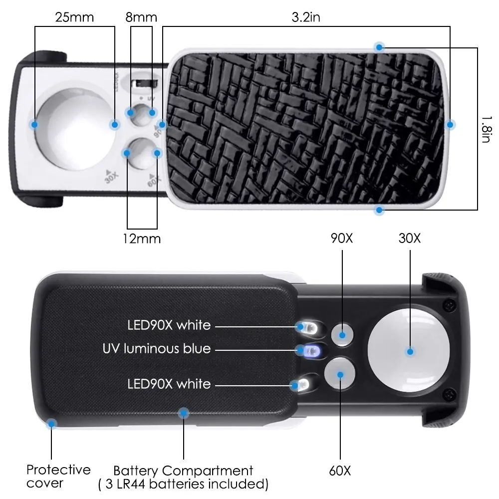 Imagem -03 - Lupa de Jóias de Bolso com Luz Led uv Lente Óptica Lupa para Moedas e Selos de Diamantes 30x 60x 90x