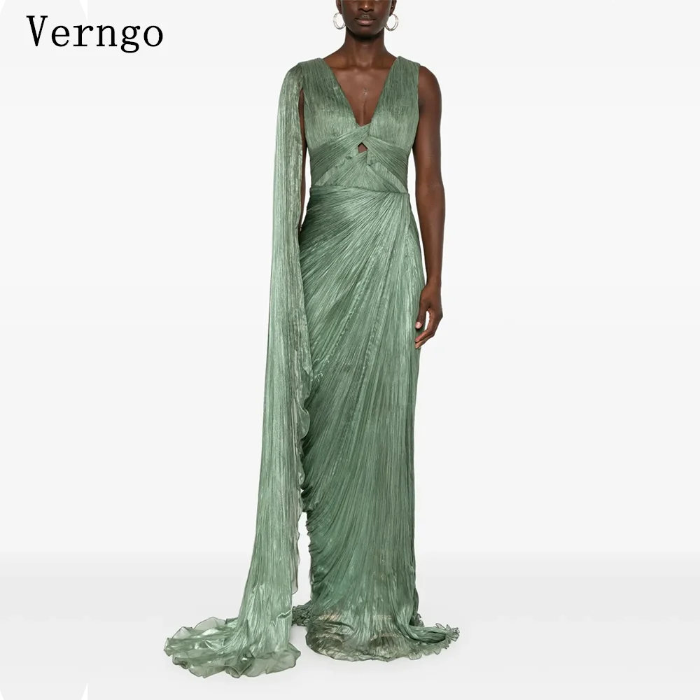 

Verngo Green Tulle Shiny Evening Dress One Shoulder Cape A Line Slim Prom Gown Women Elegant Floor Length Party Dress Customized