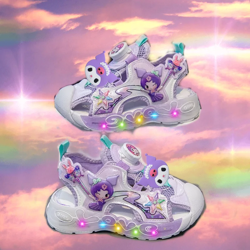 

Sanrio/Новые летние сандалии с вращающимися пуговицами для девочек, детская весенняя пляжная обувь hello kitty, повседневная обувь со светодиодной подсветкой Baotou, первые ходунки