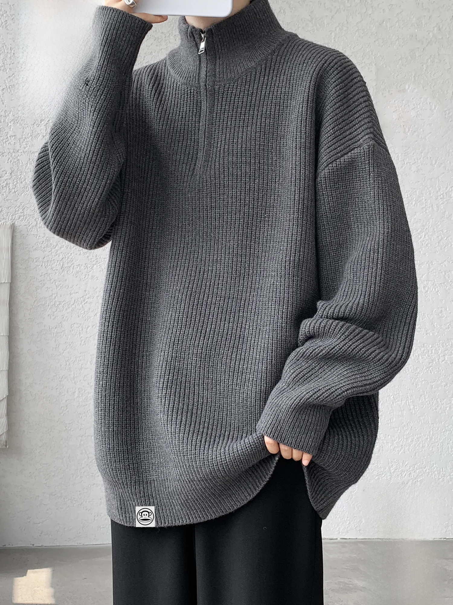 

PaulFrank Warm Knitted Stand Collar Sweater Men's Casual Loose New Sle Winter Top Zipper Closure Polyester Blend Fiber