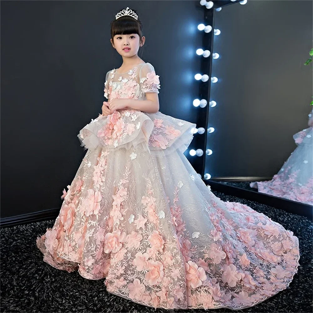 Luxury 3d Applique Pink 2024 Flower Girl Dress Kids Princess Short Sleeve  Wedding Tulle Prom Pageant Junior Bridesmaid Dresses