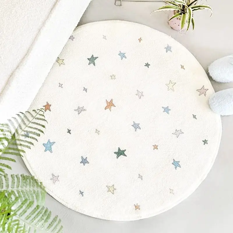Star Bedroom Carpet – White Base with Blue Star Pattern, Thick Short Pile, Anti-Slip Decorative Floor Rug
