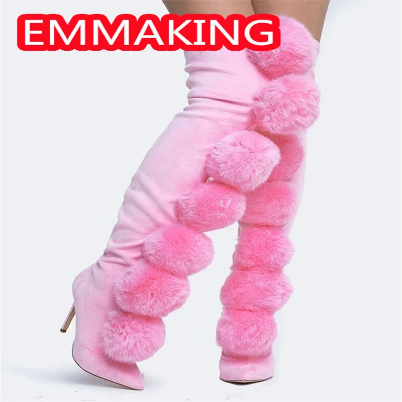 كرات كبيرة رقيق أشار تو حذاء برقبة للركبة الشتاء النساء 2024 نسيج مرن موضة الانزلاق على الجوارب الطويلة ضئيلة مثير حجم 44