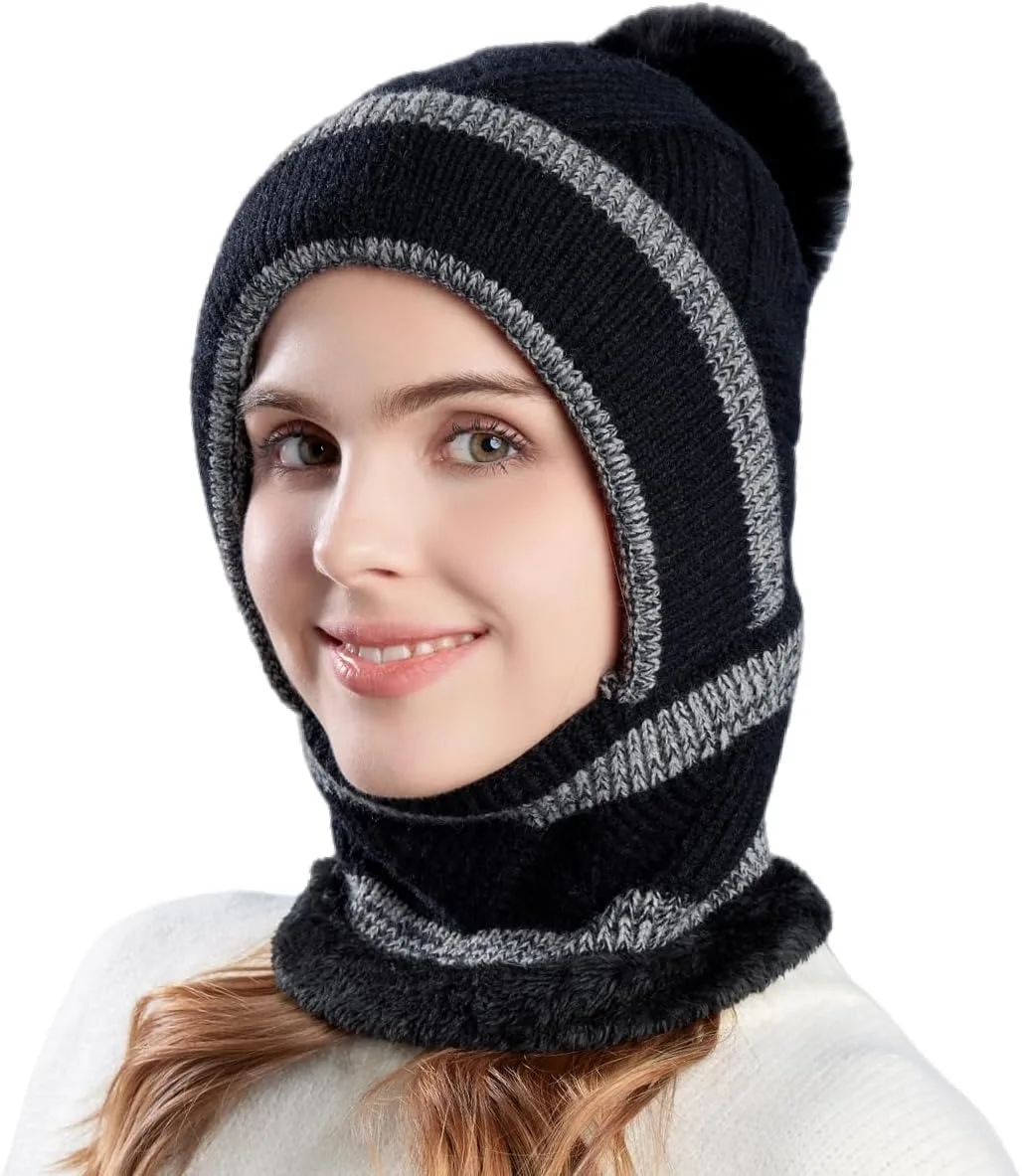 

Женские зимние шапки-бини, цельная вязаная Балаклава на флисовой подкладке, комплект масок, шарф с черепом на шее, лыжная снежная шапка с помпоном