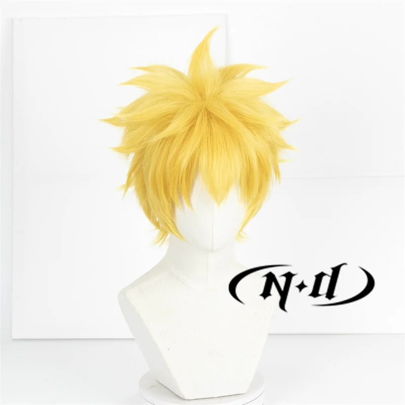 ND Anime Cosplay Wig Uzumaki Cosplay Hair Yellow Short Fluffy Layered Hair Heat Resistant Synthetic Kanekalon Hair Wig for Party