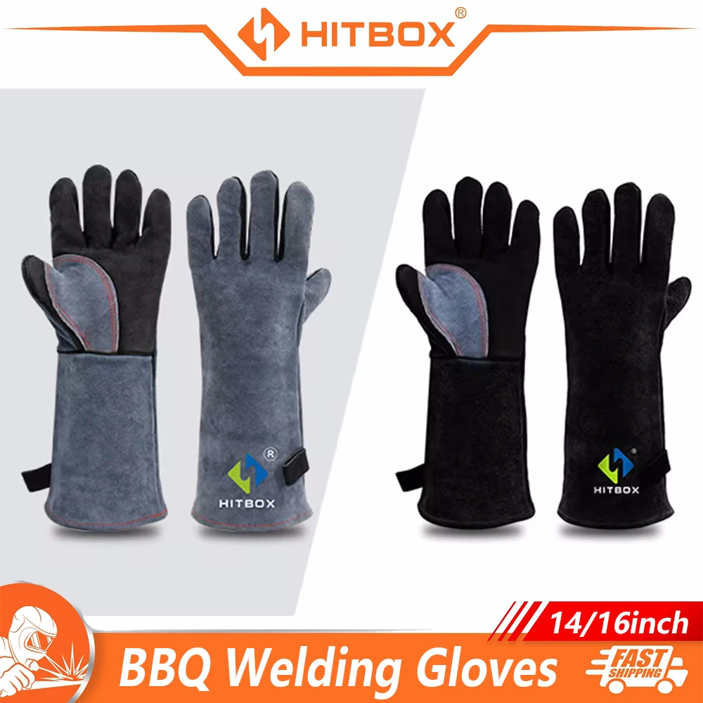 HITBOX 14/16inch Welding Gloves For Tig Mig Welder Works Barbecue Kitchen Stove Heat-resistant Thick Cow Split Leather Gloves