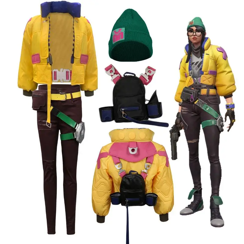 Valorant Killjoy Cosplay para Mulher, Fantasia Traje, Jaqueta, Casaco, Calças, Uniforme com Mochila, Chapéu, Halloween, Roupas de Festa de Carnaval