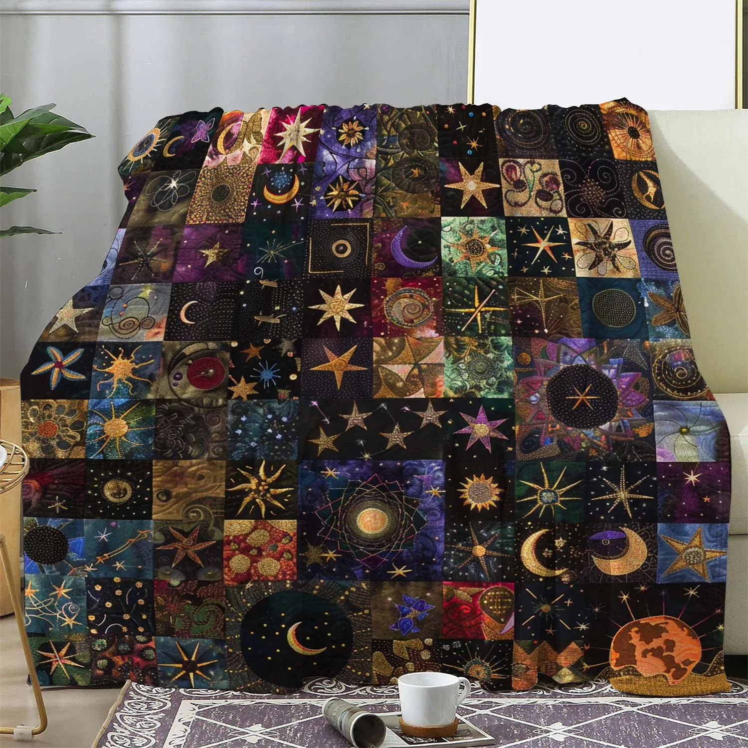 1pc Vintage Celestial Throw Blanket - Soft Flannel All-Season Cozy Blanket with Stars Planets, Moons for Couch, Bed, Camping