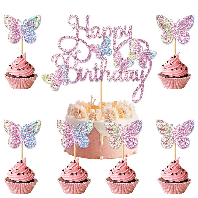 Birthday Cake Topper Pink Gold Hollow Double-Layer Butterfly Card Set Happy Birthady Party Decoration Supplies