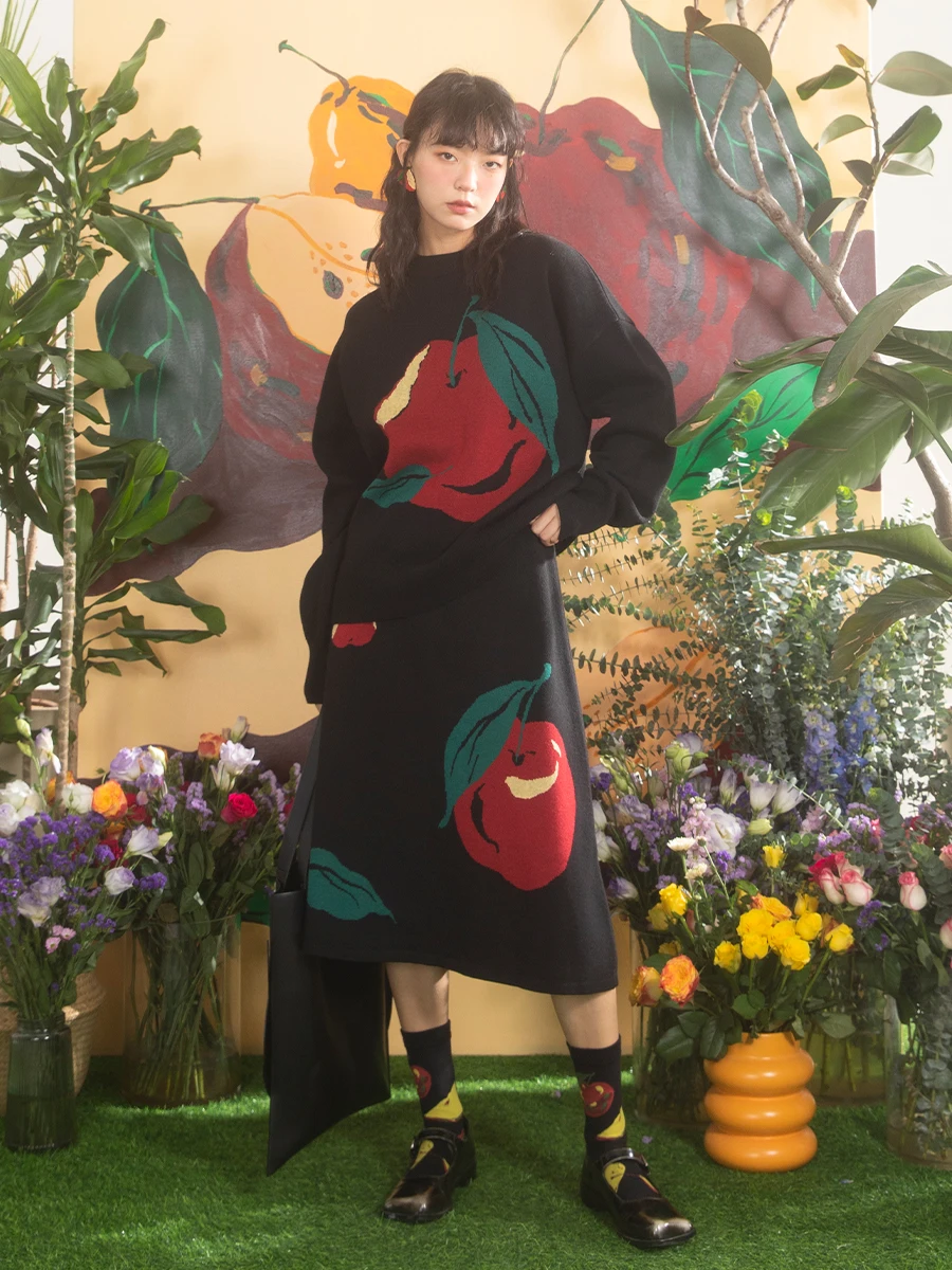 

HH оригинальный дизайн, винтажный красный свободный вязаный свитер с вышивкой, комплект юбки средней длины для молодых женщин