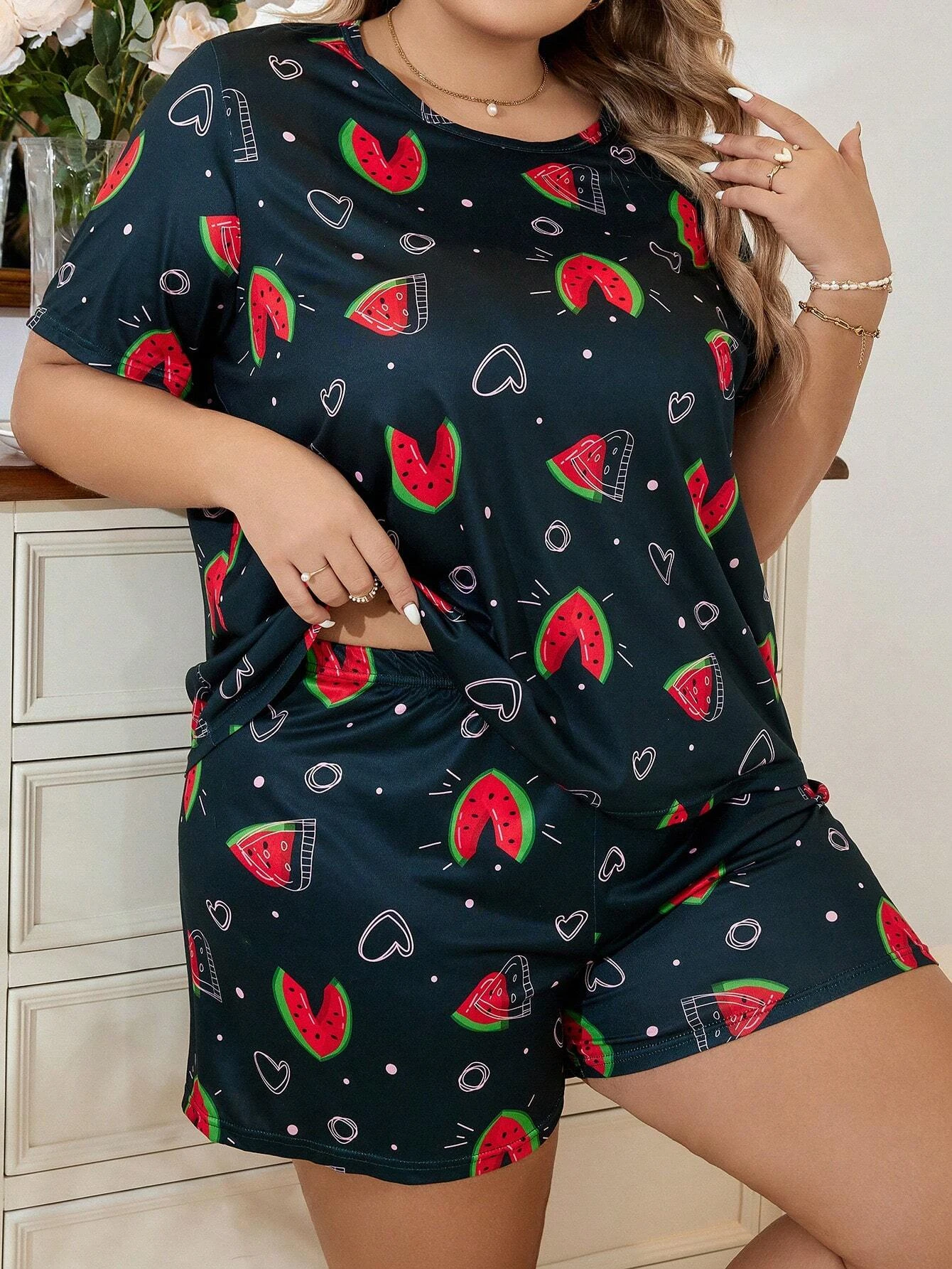 Summer casual watermelon printed short sleeved T-shirt&shorts oversized women\'s pajamas home clothing set