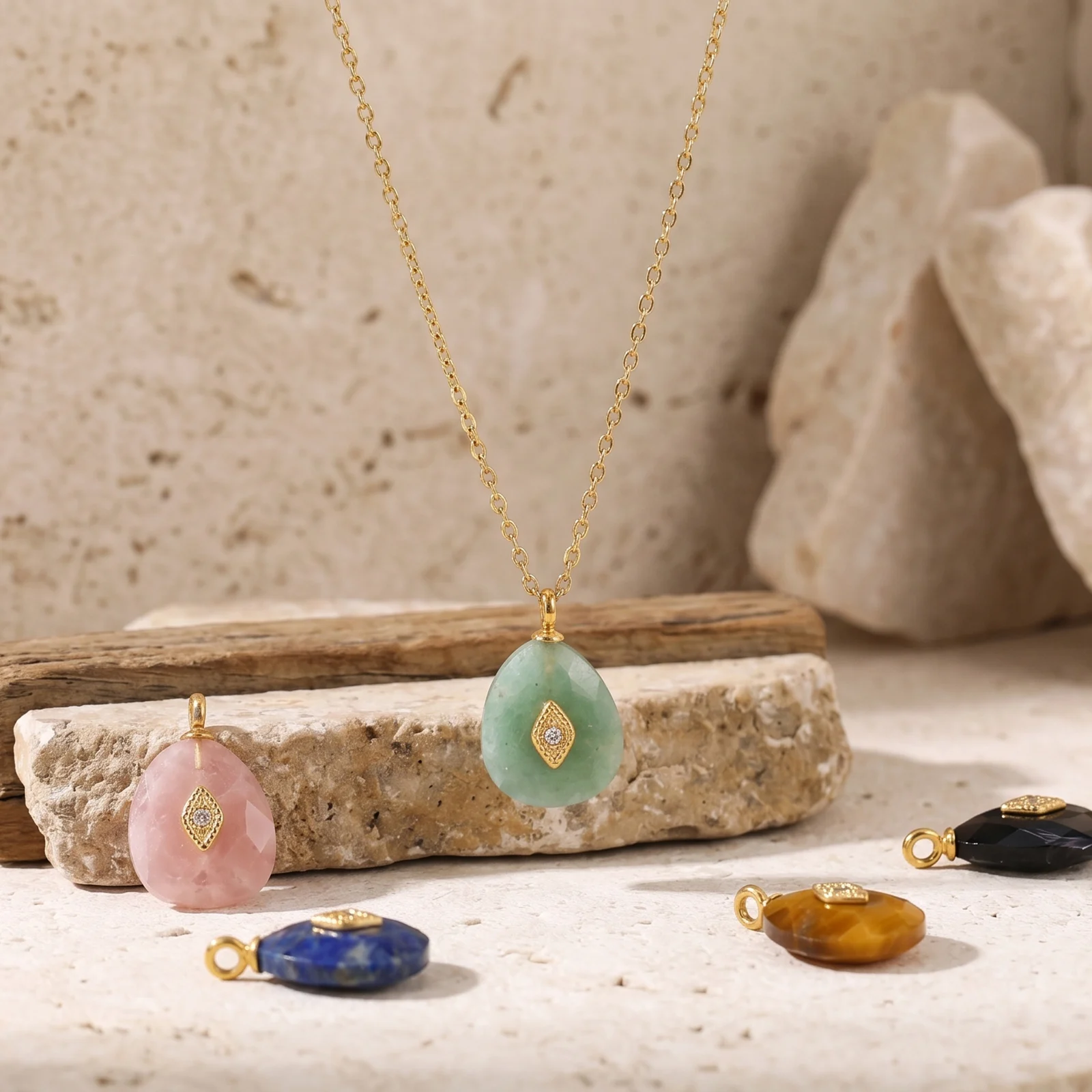 1Pc Faceted Drop Natural Stone Charm 304 Stainless Steel 14K Gold Plated  Rhinestone Pendant DIY Necklace Jewelry Making 18X12mm