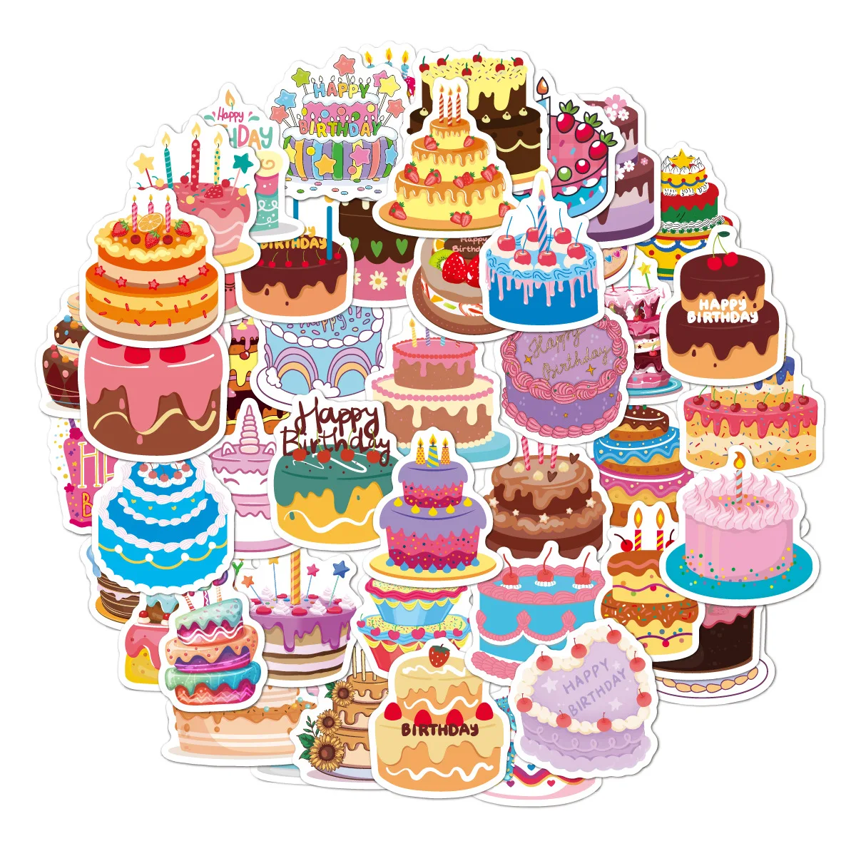 50pcs/pack Happy Birthday Stickers for Water Bottle Decor Cake Birthday Vinyl Stickers for Party Gifts Bags Box Envelope Kids