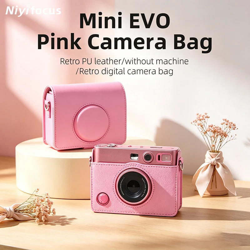 EVO Camera Bag Retro Pink PU Leather Protective Cover with Shoulder Strap for Fujifilm Instax Mini EVO Anti-Scratch Portable