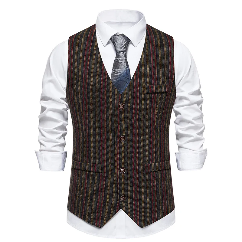 Mens Vintage Colorful Herringbone Tweed Suit Vest Casual Wool Blend Waistcoat Men Work Business Party Prom Vests Gilet Homme XXL