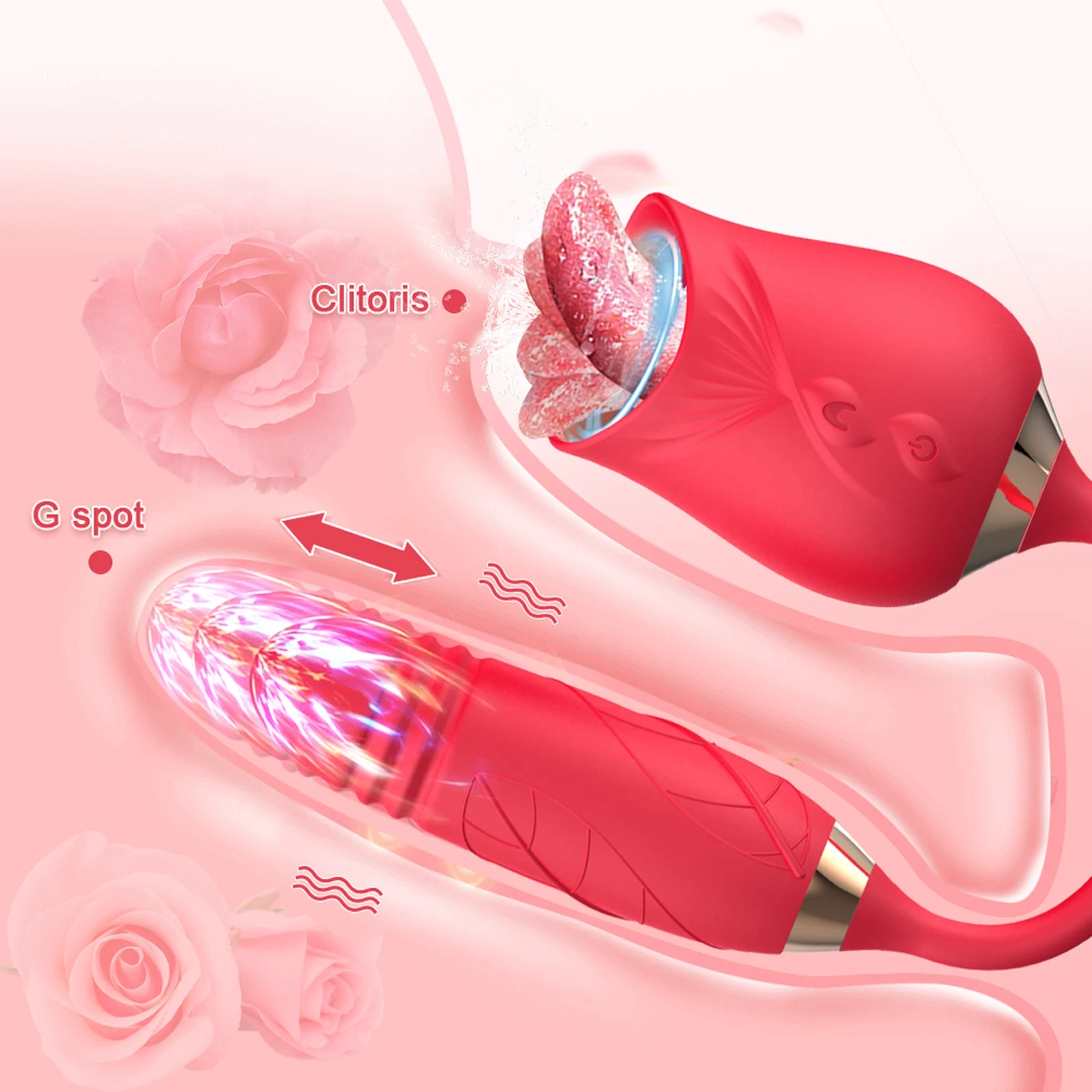 

Rose Shape Double Headed Vagina Sucking Telescopic Vibrator Nipple Sucker Oral Licking Clitoris Stimulation Sex Toys for Women