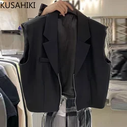 KUSAHIKI 2023 SPring Summer New Korean Fashion Zipper Short Waistcoat Causal Sleeveless Turn-down Collar Elegant Vests Jacket