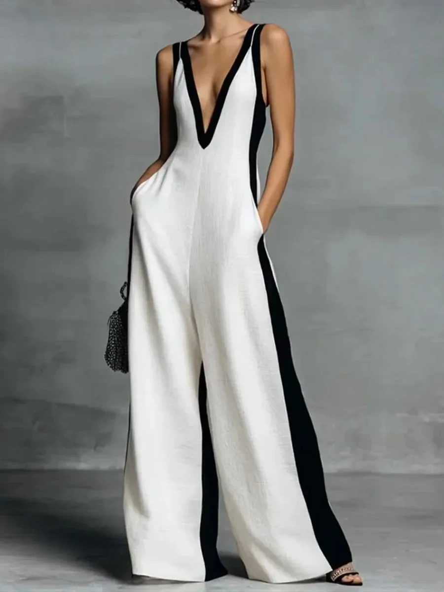 

Sexy Deep V Neck Wide Leg Jumpsuit Women Summer Sleeveless Backless Vintage Elegant Color Blocking Pants Jumpusits Woman Romper