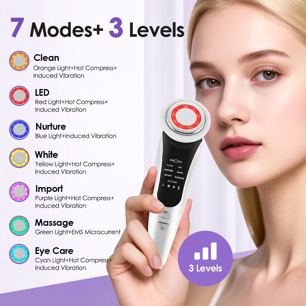 7 in 1 EMS Facial Massager with LED Light Vibration Hot Compress Skin Care  Face Beauty Instrument Lifting Device Skincare