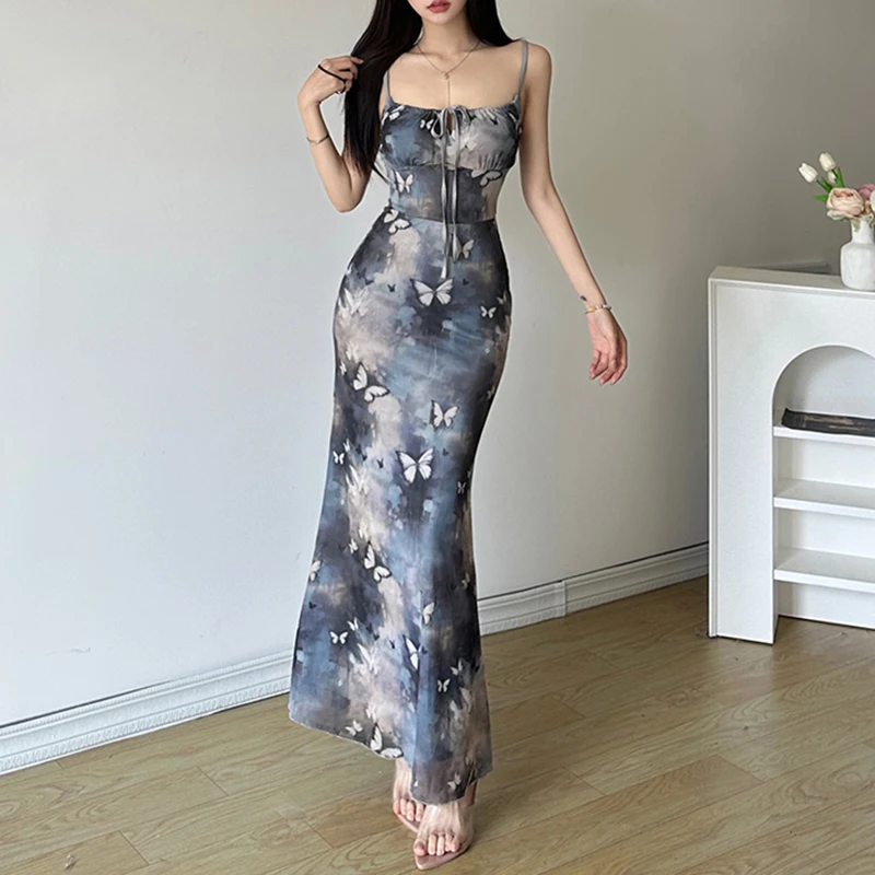 Fashion Butterfly Print Dress Summer Women Preppy Style Sexy Low Chest Sleeveless Strap Dresses Clubwear Elegant Lady Maxi Dress