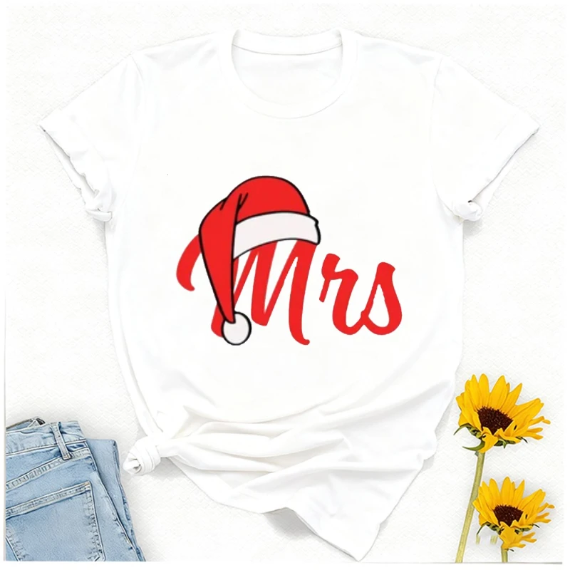Matching Christmas Couple Shirts Mr & Mrs. Santa Hat Graphic Tees Crewneck Casual Style High Quality Cotton Tops Tee Shirt 2025