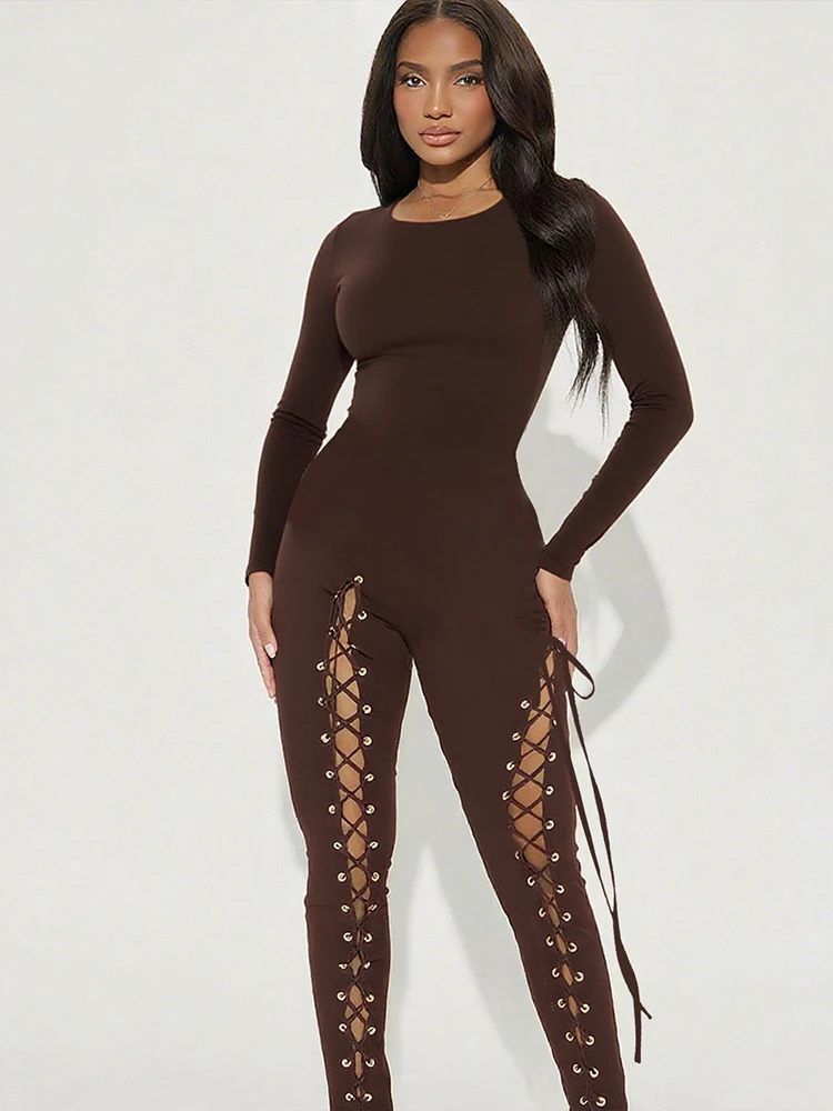 Nibber cruz bandagem borla macacão feminino o pescoço manga longa zíper alta elasticidade magro sexy meia-noite rua outono outfits