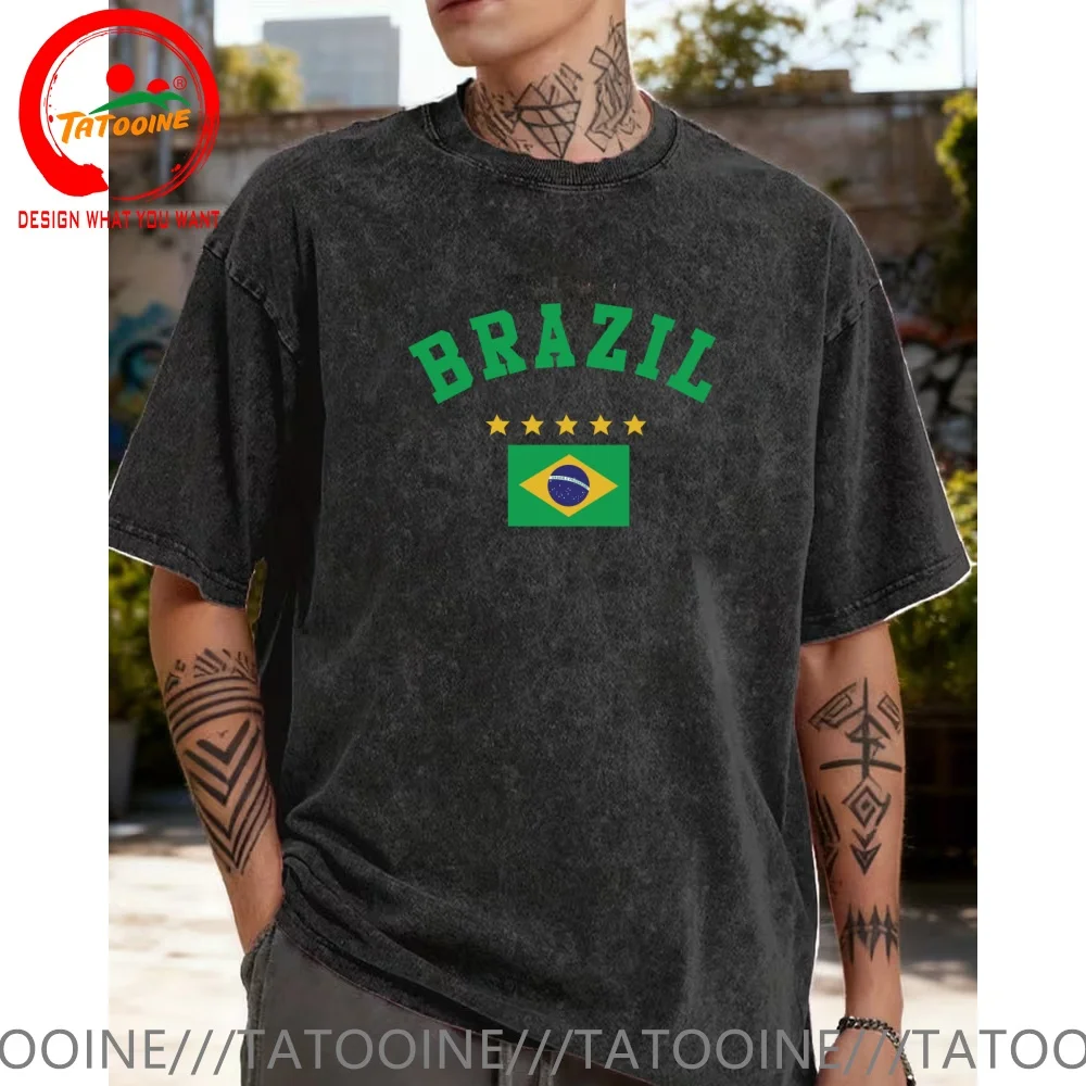 Vintage Washed Cotton T-Shirt Funny Designer Brazil Flag Soccer T Shirt Men Fashion Trendy Casual Clothing Stylish Tops Tees