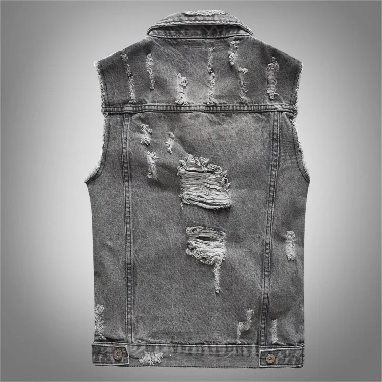 Men's Gray Sleeveless Vest Coat for Fall, Denim Jacket with A Lapel and Distressed Details. Asian Sizes M-5XL 6XL